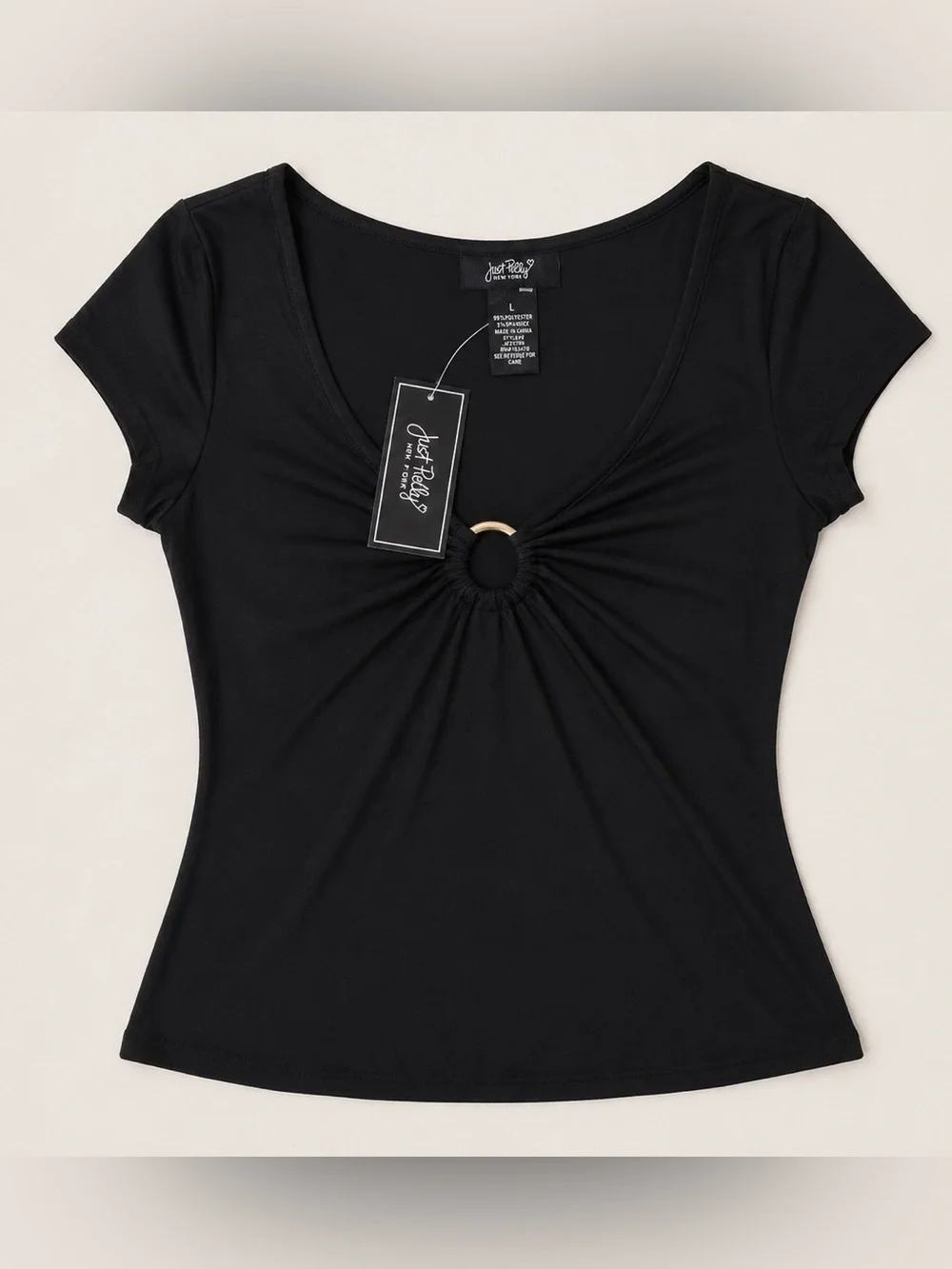 Just Polly Black Ruched Ring Front Stretch Top NWT Large - Picture 2 of 10